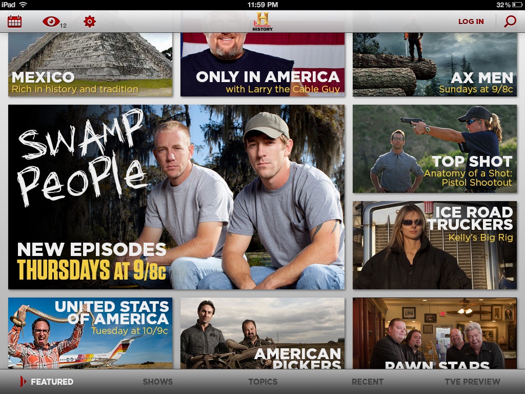 Network TV apps, History, screen 1