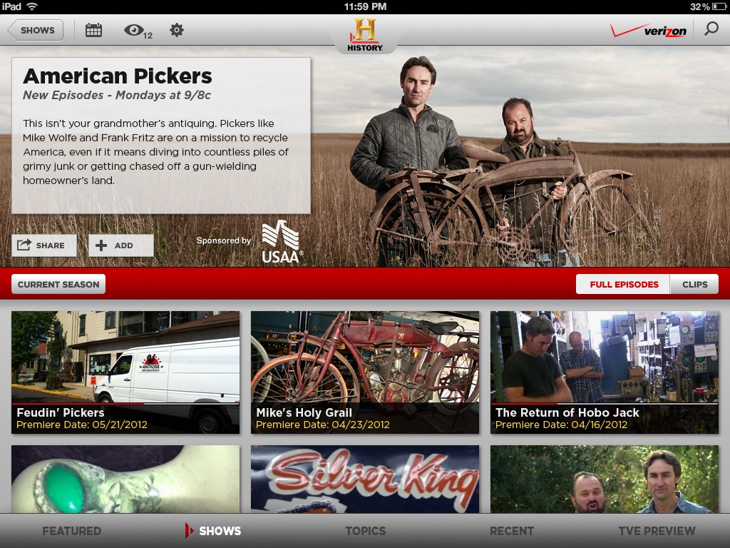 Network TV apps, History, screen 2