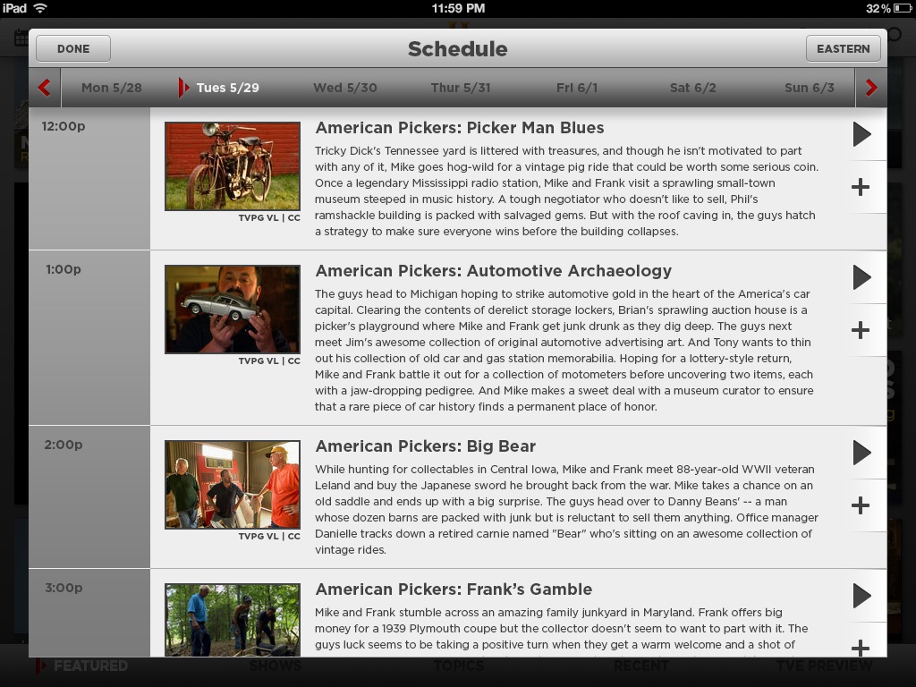 Network TV apps, History, screen 5