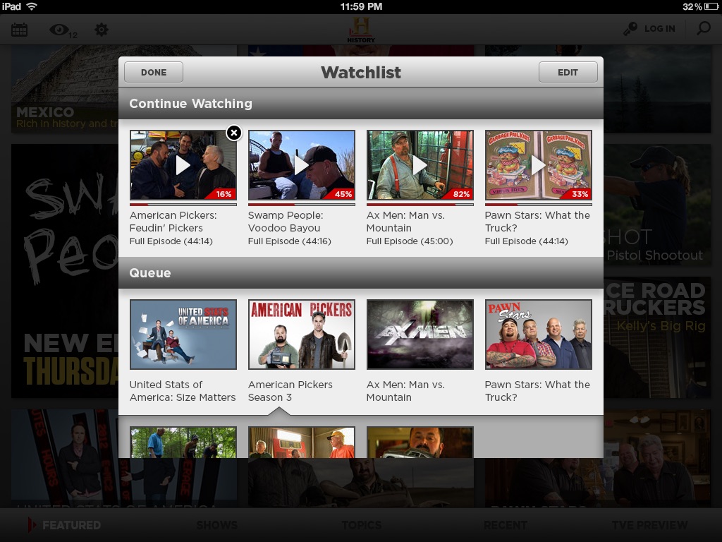 Network TV apps, History, screen 6