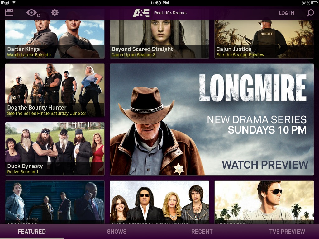 Network TV apps, A&E, screen 1
