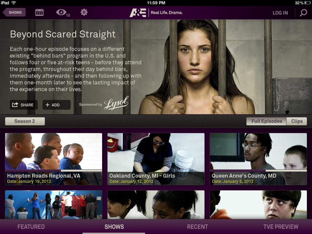 Network TV apps, A&E, screen 4