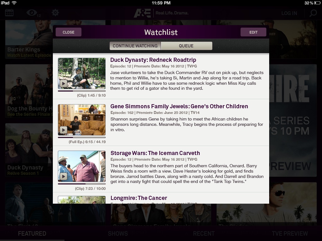 Network TV apps, A&E, screen 6