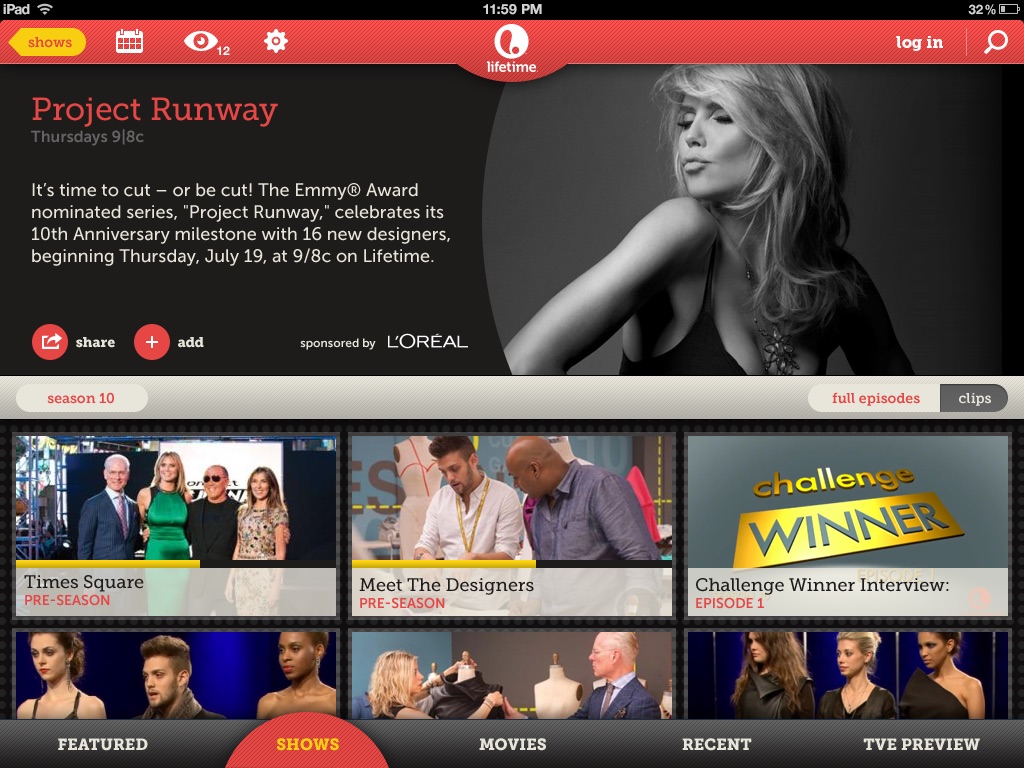 Network TV apps, Lifetime, screen 1