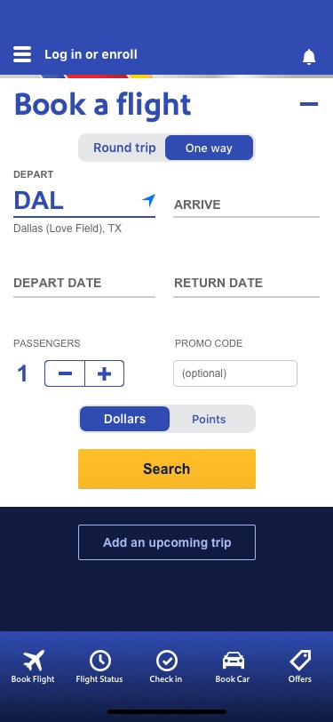 Southwest Airlines, Home screen redesign, screen 1