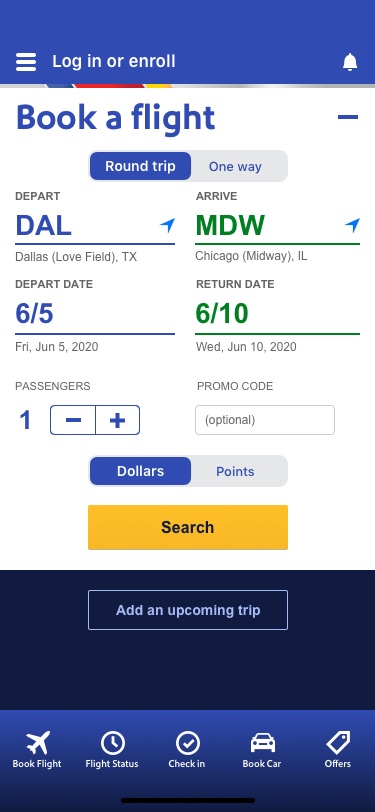 Southwest Airlines, Home screen redesign, screen 2