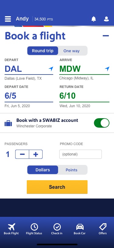 Southwest Airlines, Home screen redesign, screen 3