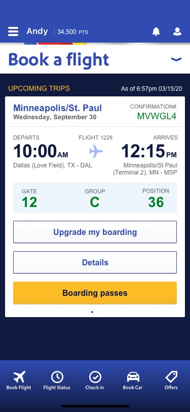 Southwest Airlines, Home screen redesign, screen 4