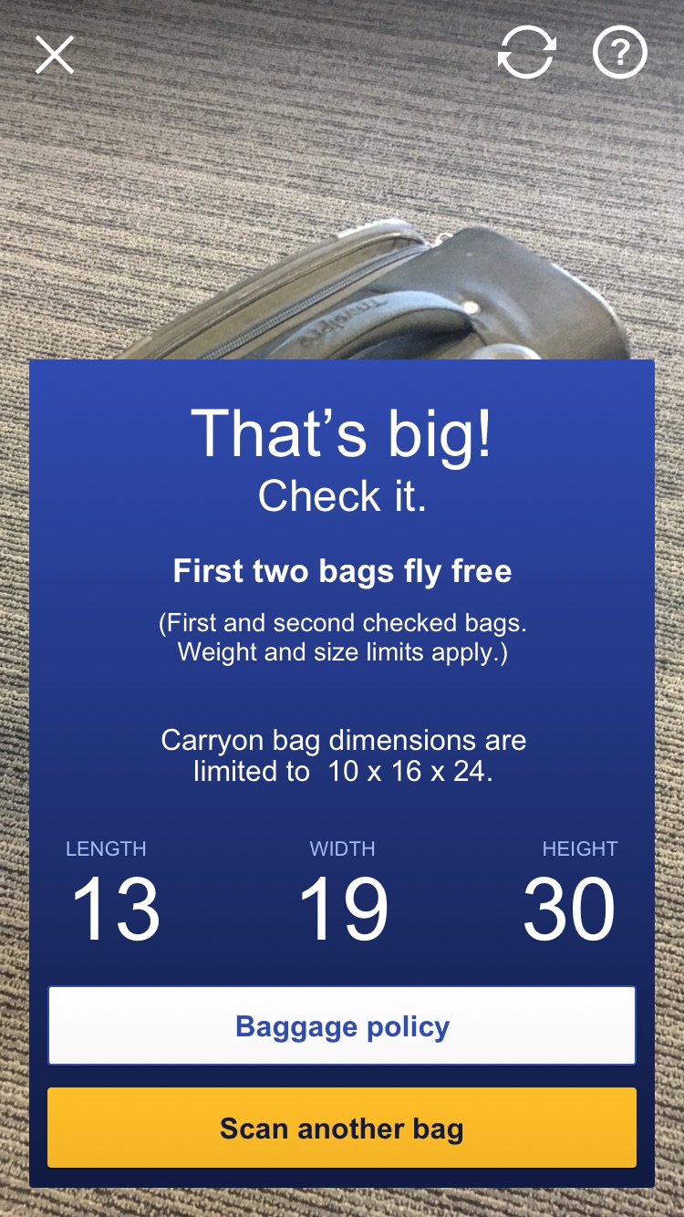 Southwest Airlines, Carry-on bag sizer, screen 8