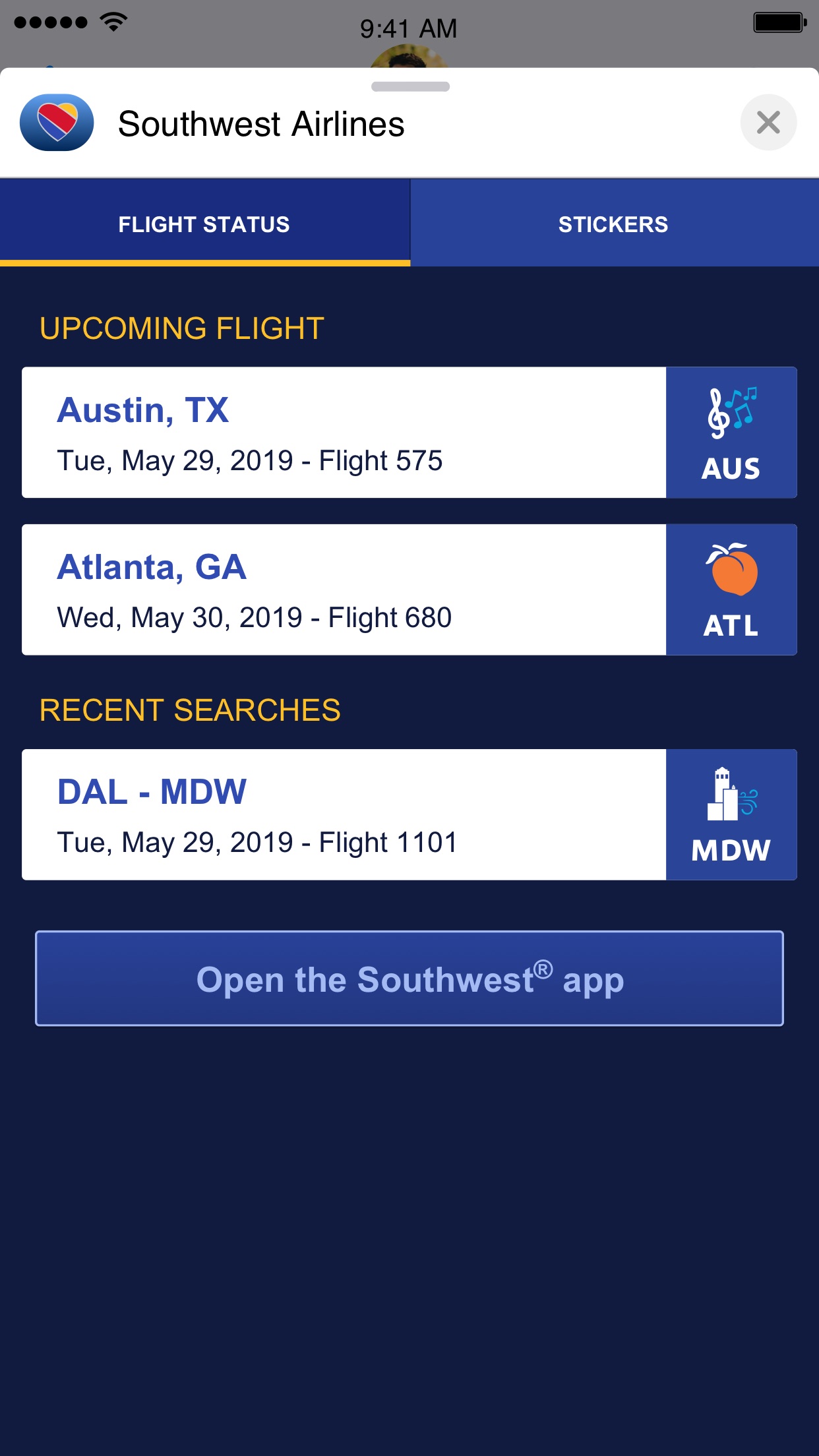 Southwest Airlines, iMessage app, screen 1