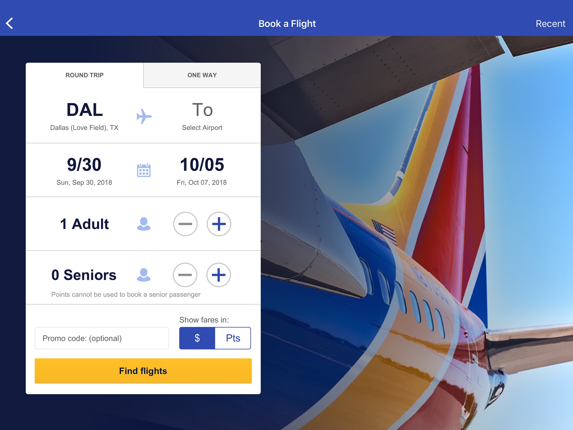 Southwest Airlines, Southwest for iPad, screen 2